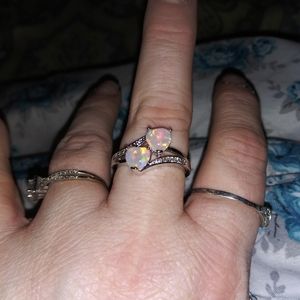 Silver double heart opal ring